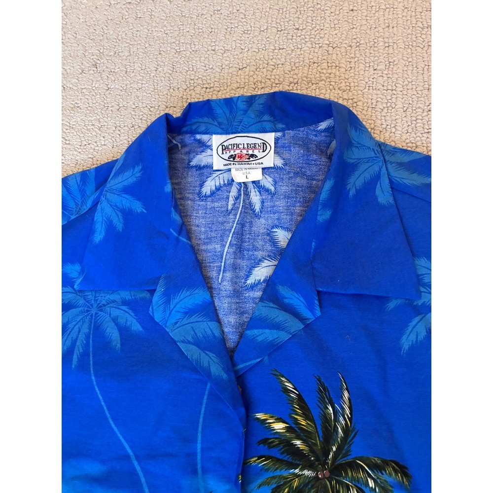 Pacific Legend Hawaiian Shirt Womens Large Blue Parrot Hibiscus Tropical Cotton
